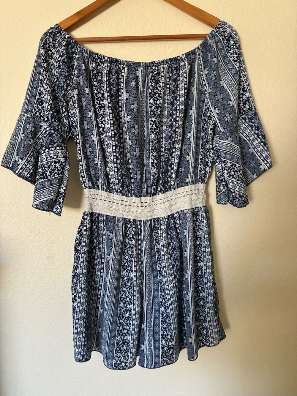 J for Justify Navy and White Off-Shoulder Crochet-Waist Romper
